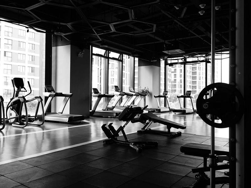 A black and white picture of a gym