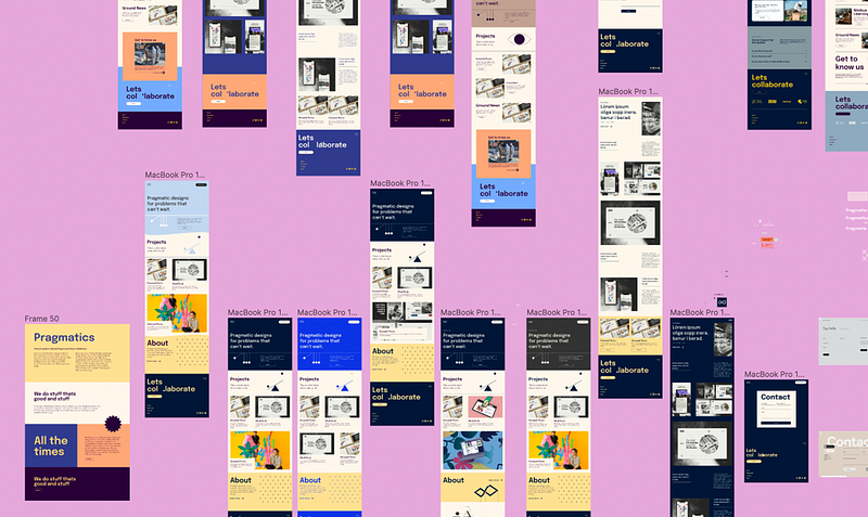 A design canvas with lots website mockups scattered everywhere