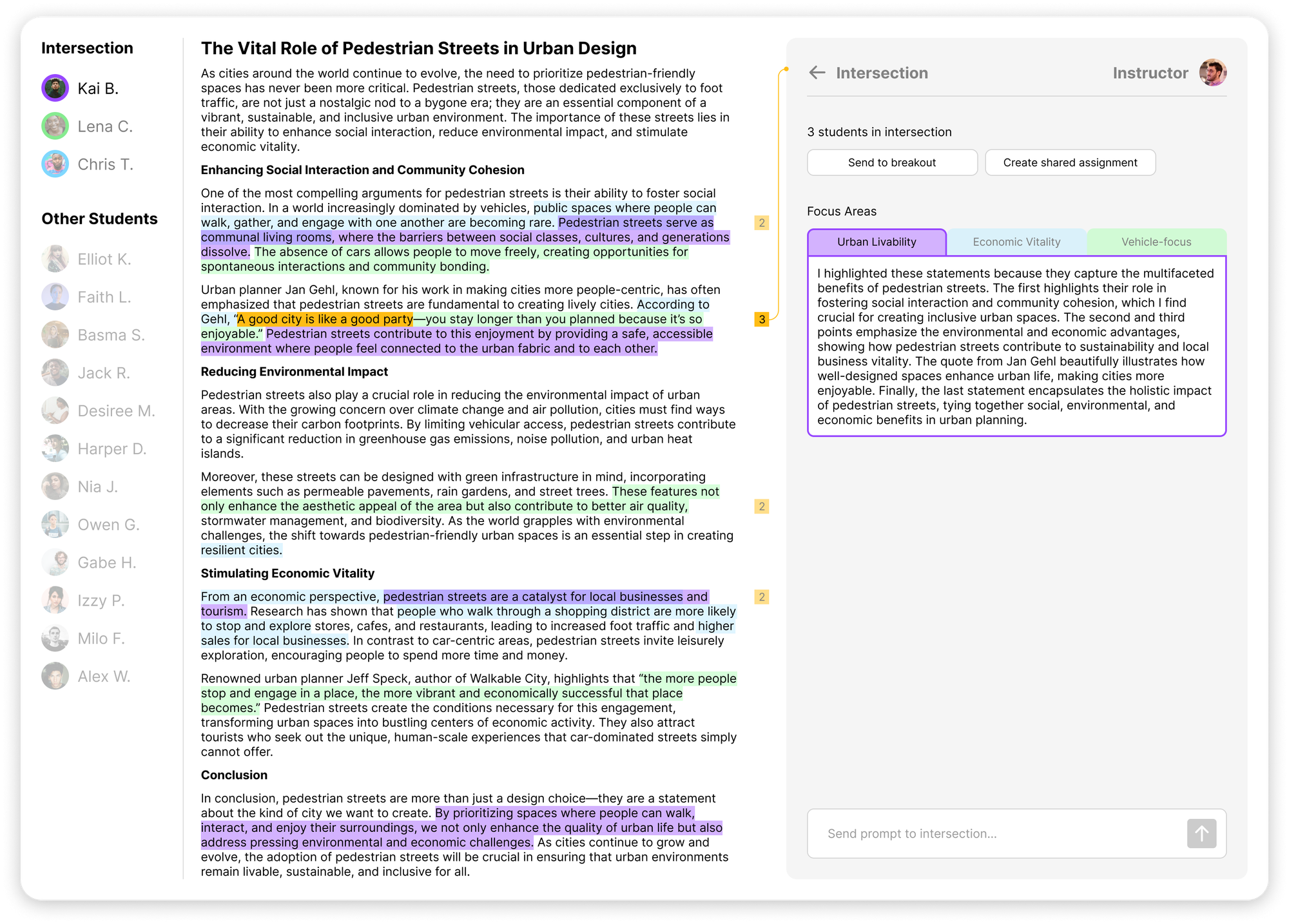 AI-powered classroom interface showing student highlights on a text about pedestrian streets in urban design, with an instructor's tool on the right to manage intersections and focus areas among student reflections.