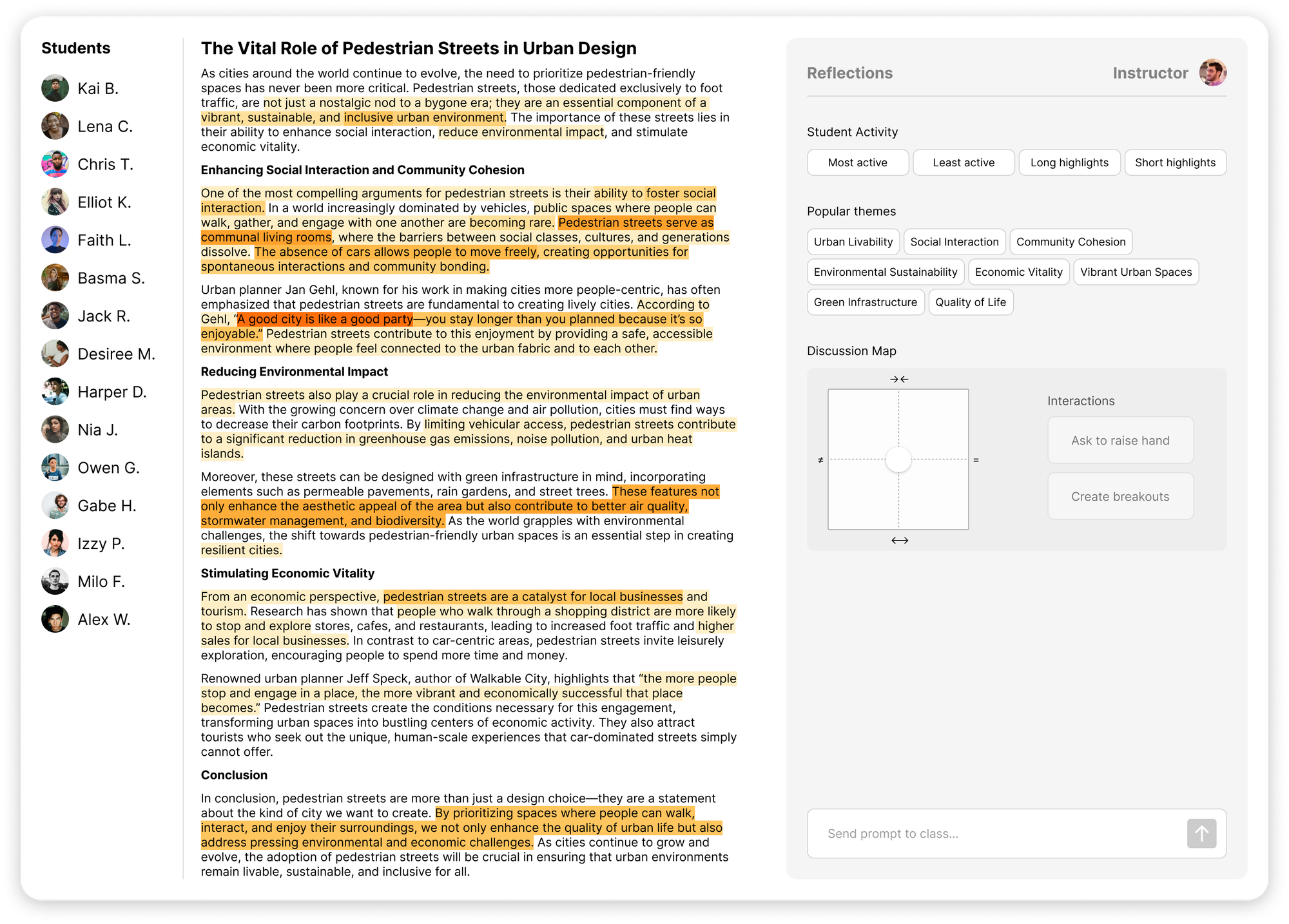 Screenshot of an AI-assisted classroom tool showing student highlights on a text about the role of pedestrian streets in urban design. The interface includes a list of students on the left, the highlighted text in the center, and a reflections section on the right. The reflections section features buttons for filtering student activity and popular themes like 'Urban Livability' and 'Community Cohesion,' as well as a discussion map for creating breakouts based on student interactions.