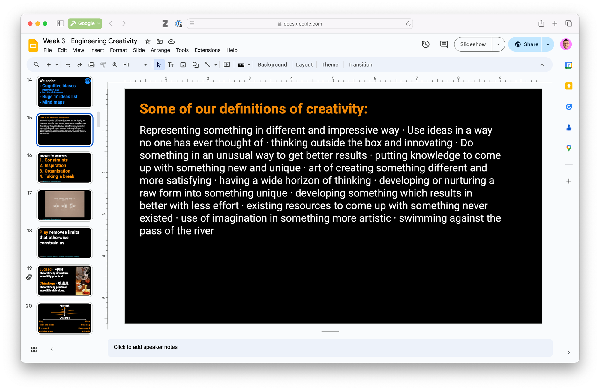 A Google Slides presentation slide showing "Some of our definitions of creativity" listed in bullet points. The slide is part of a deck discussing various aspects of creativity and includes sidebar notes on cognitive biases and inspiration.