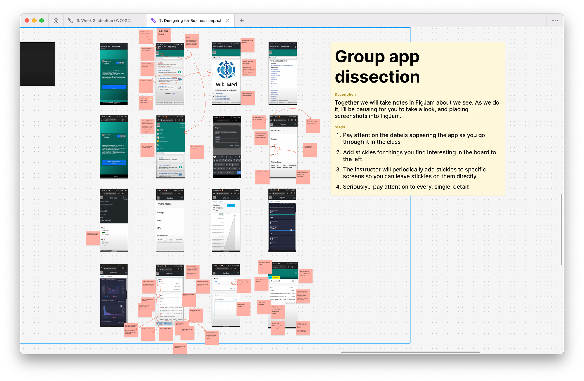 A screenshot of a FigJam board titled "Group app dissection". It shows a detailed step-by-step process where a mobile app is being analyzed through screenshots arranged on the board, alongside annotations and additional sticky notes for comments and observations.