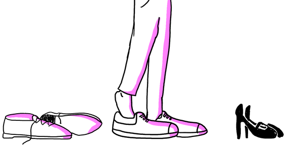 Illustration of someone who took off their shoes putting on new ones.